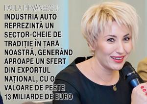 Paula Pîrvănescu: Industria auto reprezintă un sector-cheie de tradiţie în ţara noastră, generând aproape un sfert din exportul naţional, cu o valoare de peste 13 miliarde de euro 1